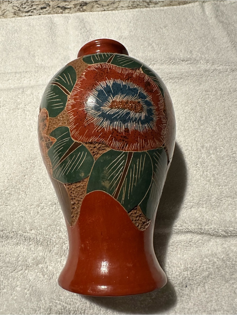 Hand-Painted Floral Ceramic Vase in Terracotta and Green